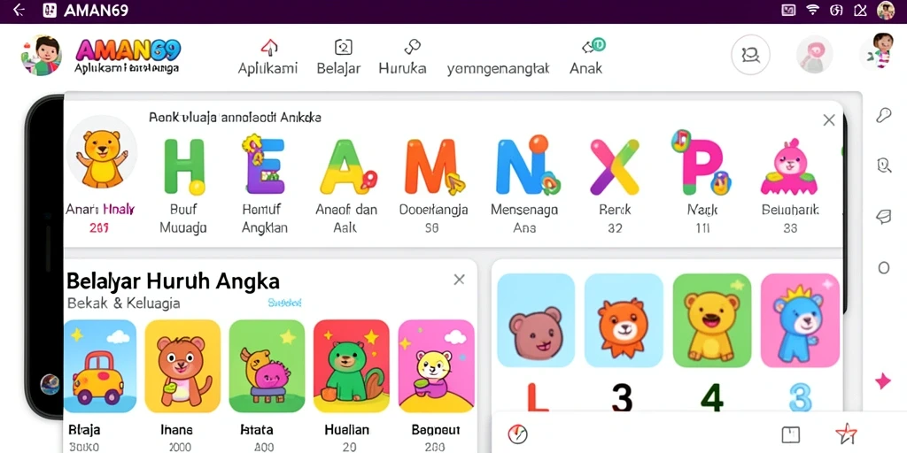 Tampilan antarmuka utama AMAN69 dengan fitur belajar huruf dan angka.