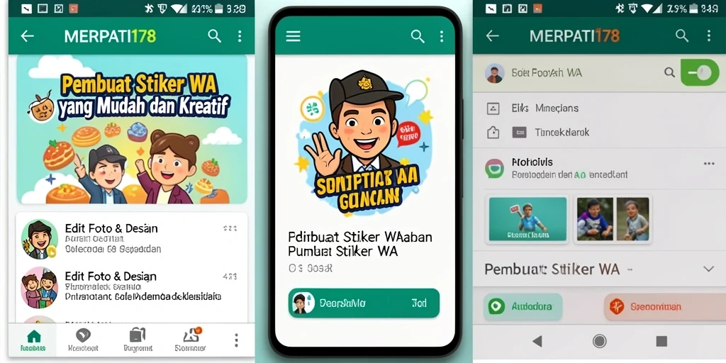 Antarmuka aplikasi MERPATI178 untuk membuat stiker WhatsApp yang kreatif.