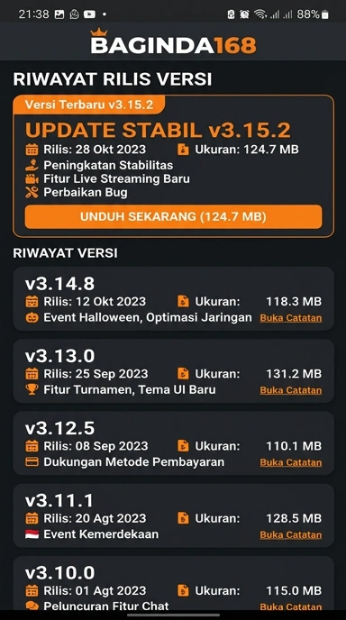 Riwayat Versi baginda168 untuk Android
